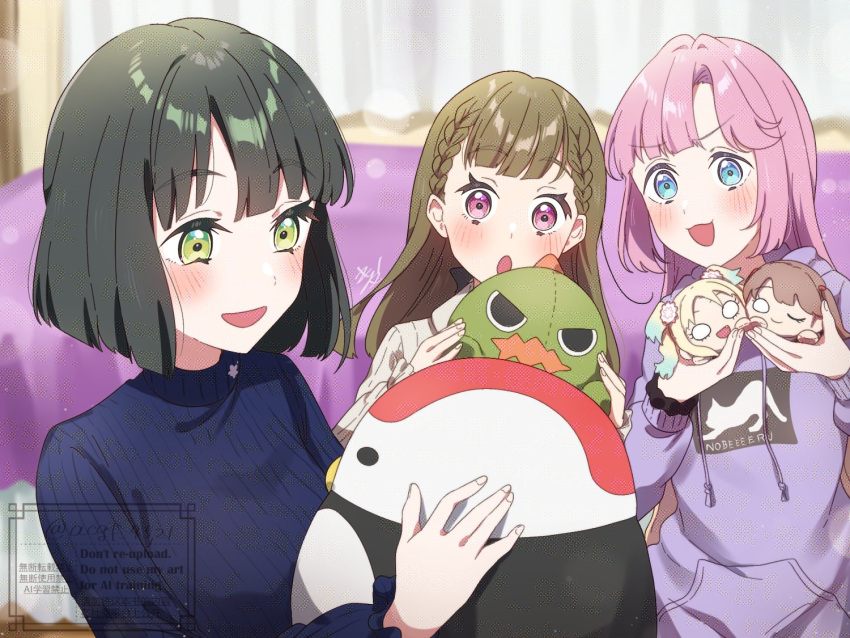 3girls, :3, :d, :o, ;), anyoji_hime, anyoji_hime_(winter_loungewear), black_bow