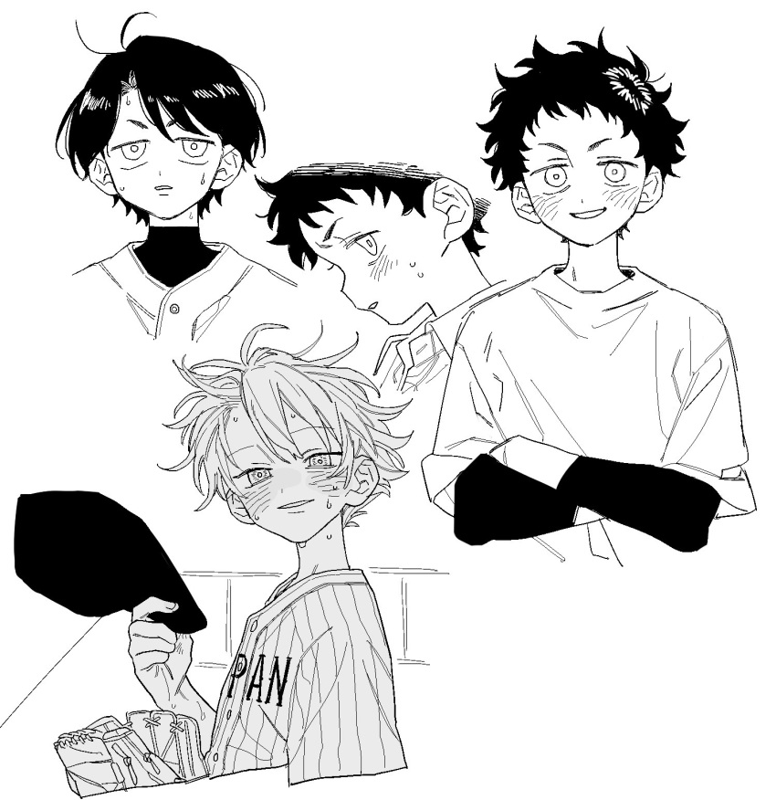 3boys, antenna_hair, ayasegawa_jirou, baseball_cap, baseball_jersey, baseball_mitt, baseball_uniform, buttons