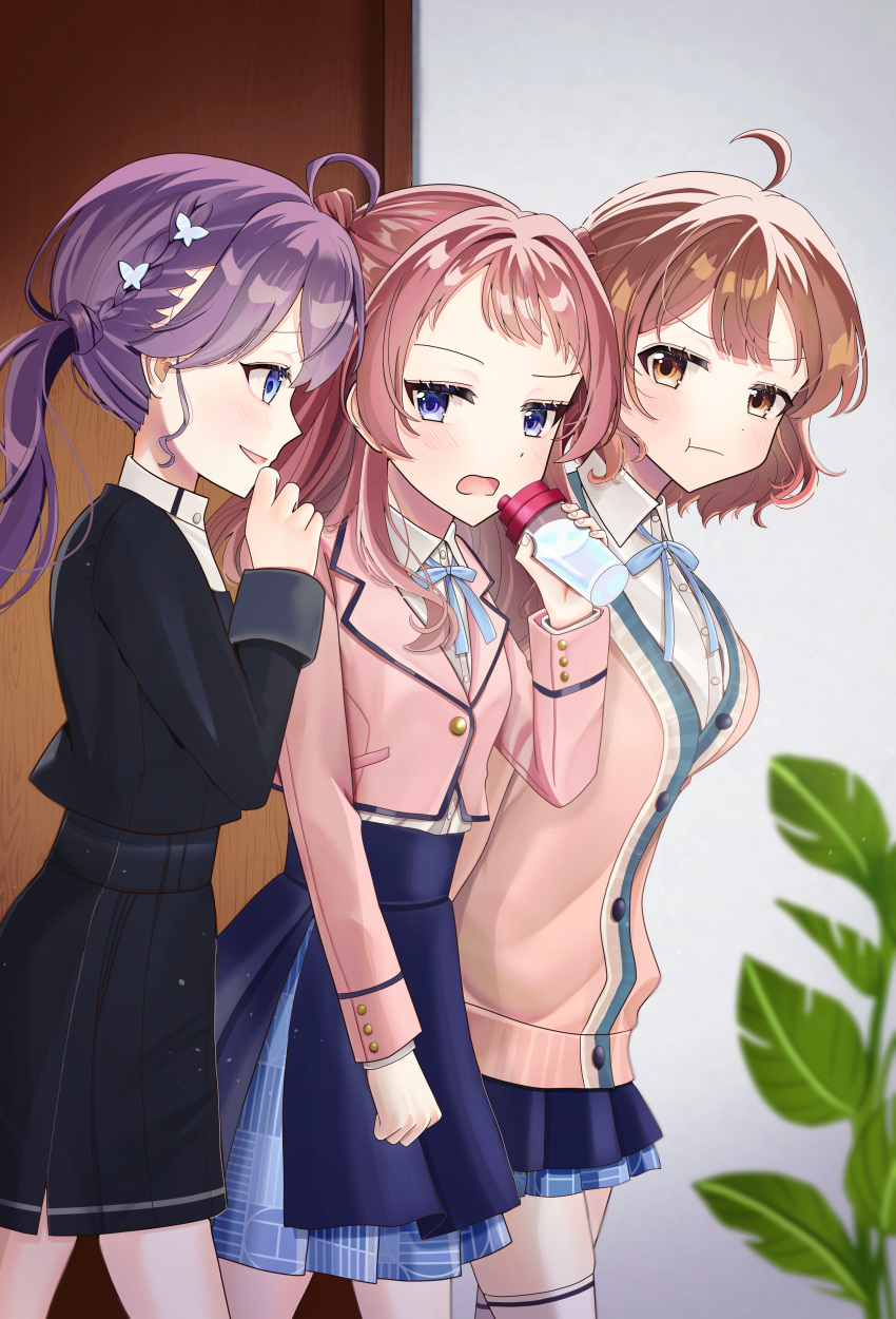 3girls, :t, absurdres, ahoge, black_jacket, black_skirt, blue_overskirt, blue_ribbon