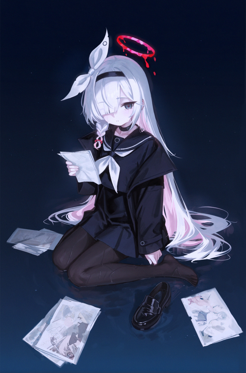1girl, 5higure, black_jacket, black_pantyhose, black_sailor_collar, black_shirt, black_shoes, black_skirt
