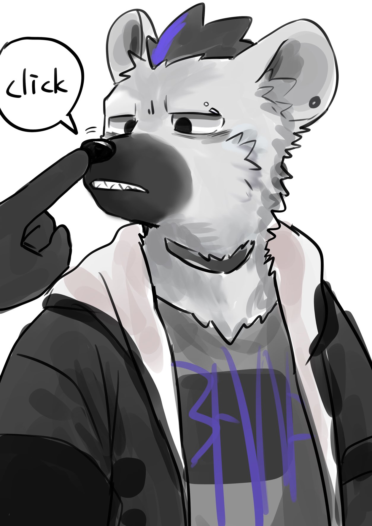 1boy, arknights, black_hair, black_jacket, ear_piercing, eyebrow_piercing, finger_on_nose, furry, furry_male, grey_fur, grey_shirt, highres, hyena_boy, hyena_ears, infection_monitor_(arknights), jacket, looking_at_hand, male_focus, mimizuku_kemo, multicolored_hair, piercing, shirt, spot_(arknights), streaked_hair, white_background