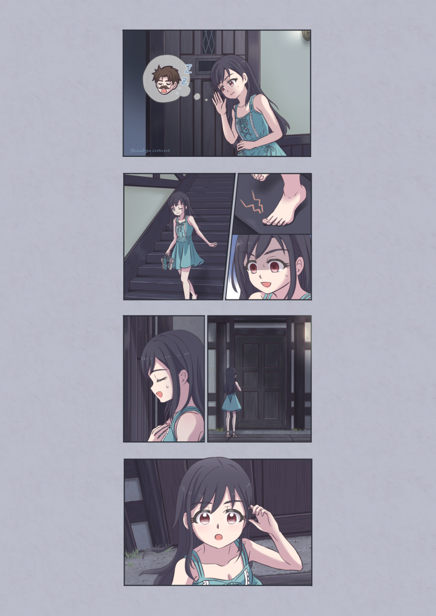 1boy, 1girl, aged_down, aqua_dress, asami_yutori, bare_arms, bare_legs, bare_shoulders, barefoot, black_hair, brian_lockhart, child, commentary_request, door, dress, facial_hair, father_and_daughter, feet, final_fantasy, final_fantasy_vii, final_fantasy_vii_remake, highres, holding, holding_sandals, indoors, long_hair, mustache, nervous_sweating, open_mouth, red_eyes, sandals, sequential, shaded_face, sleeping, speech_bubble, stairs, sundress, sweat, thought_bubble, tifa_lockhart, twitter_username, walking, zzz