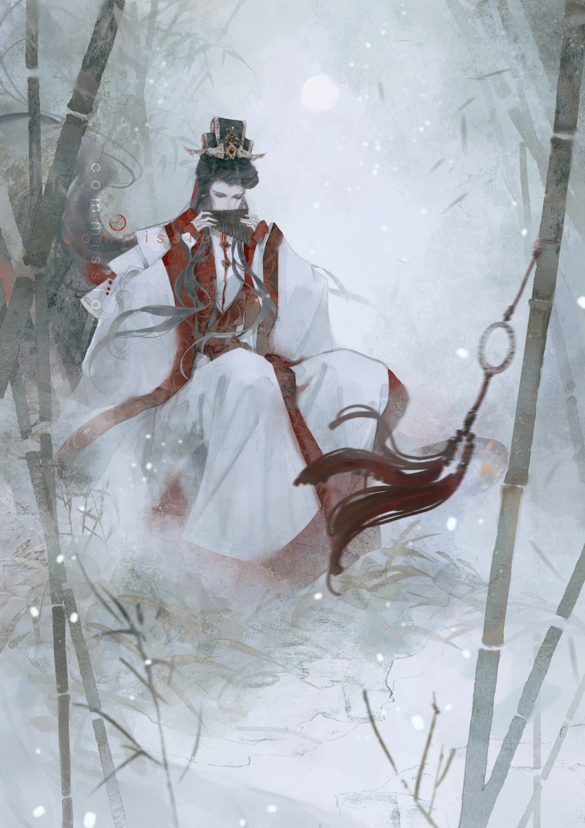 1boy, absurdres, bamboo, bamboo_forest, black_eyes, black_hair, chinese_clothes, commission, floating_hair, fog, forest, gem, guan_hat, gwen414, hanfu, highres, holding, holding_instrument, instrument, jinguang_budaixi, layered_sleeves, light_particles, long_hair, long_sidelocks, long_sleeves, looking_down, male_focus, mo_lisao, moon, music, nature, outdoors, patterned_clothing, playing_instrument, red_gemstone, sidelocks, sitting, solo, tassel, three_quarter_view, watermark, white_hanfu, white_sleeves, wide_sleeves, widow's_peak