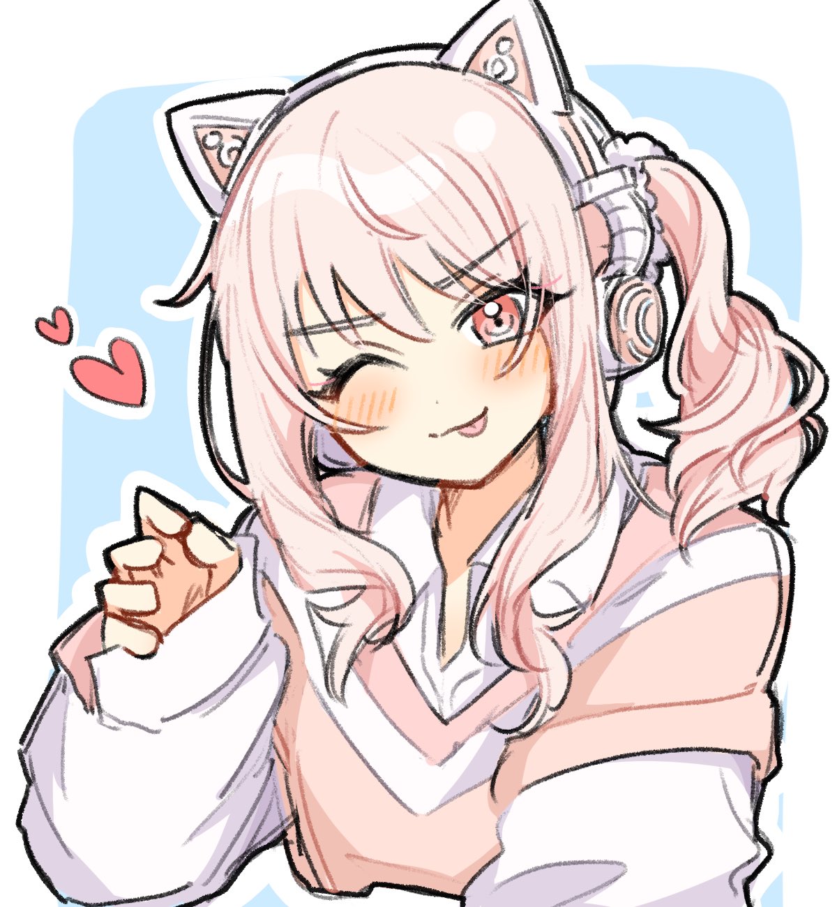 1other, :3, ;p, akiyama_mizuki, animal_ear_headphones, animal_ears, blue_background, blush
