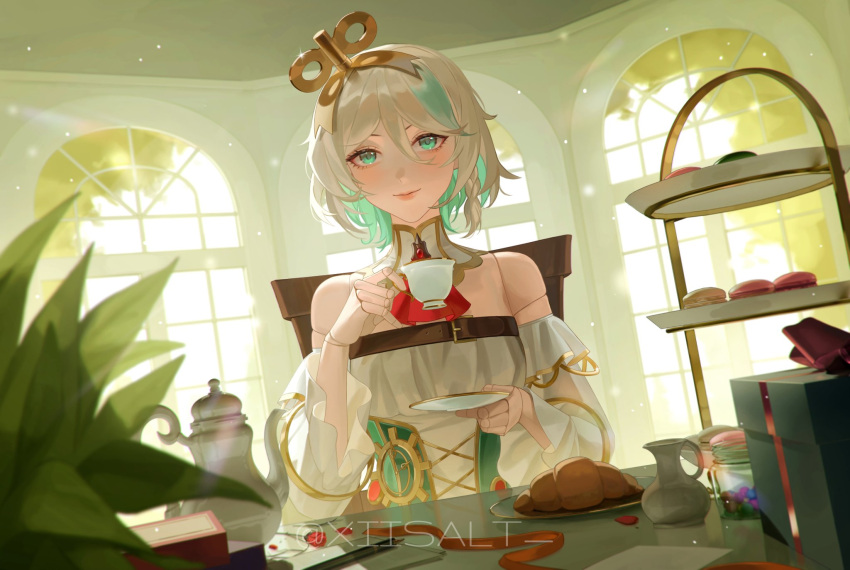 1girl, ascot, belt, blurry, blurry_background, blurry_foreground, blush, box