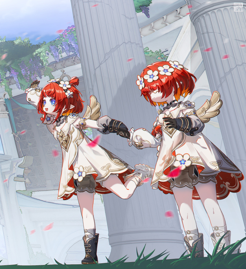 2girls, absurdres, ancient_greek_clothes, angel_wings, architecture, asymmetrical_footwear, black_boots, blue_eyes