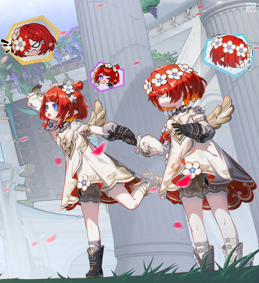 >_o, 3girls, absurdres, ancient_greek_clothes, angel_wings, architecture, asymmetrical_footwear, black_boots