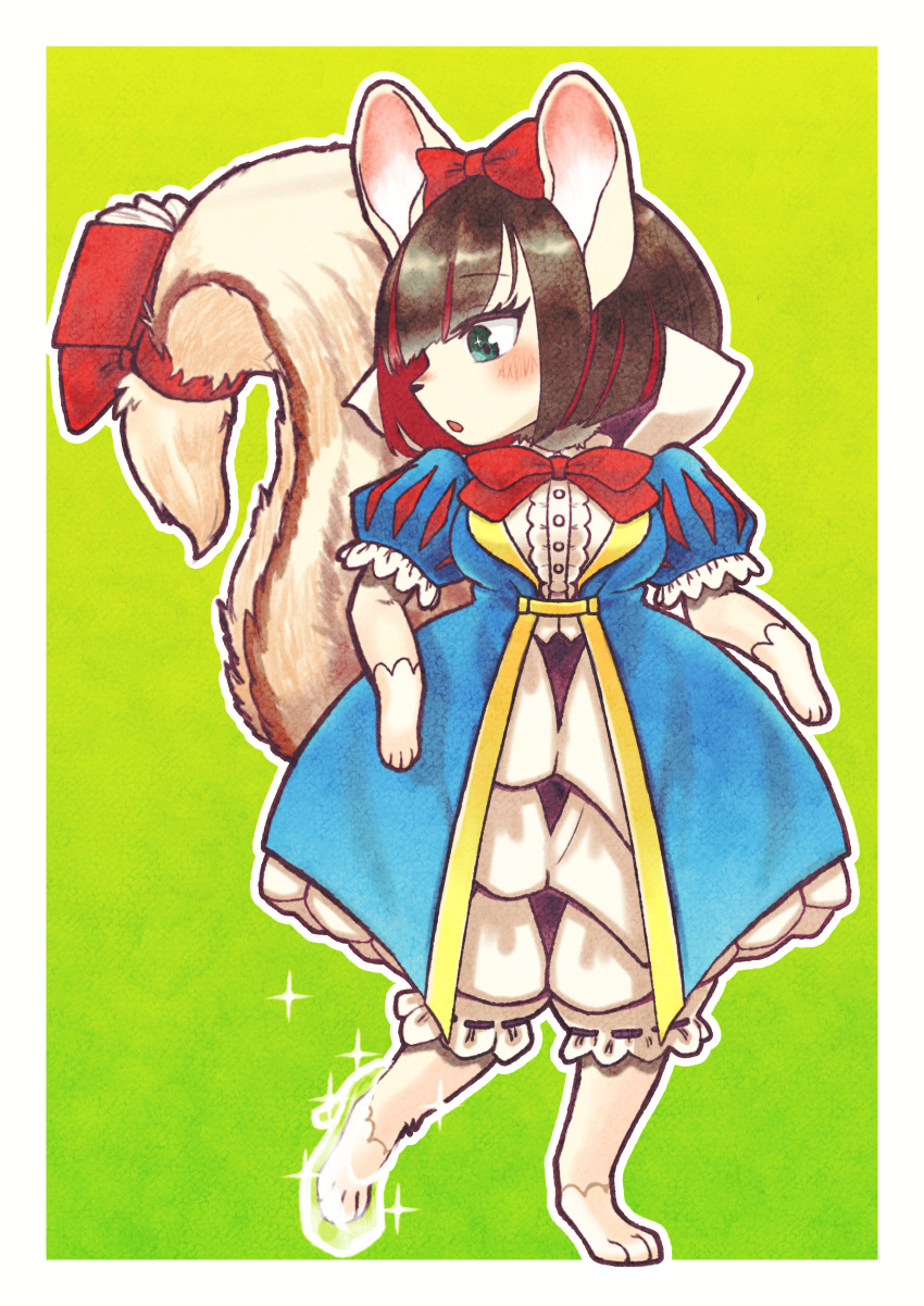 1girl, absurdres, animal_ears, bloomers, blush, bow, closed_mouth, duel_monster, fairy_tail_snow, furry, green_background, green_eyes, hair_bow, highres, multicolored_hair, open_mouth, princess, red_bow, short_hair, short_sleeves, solo, squirrel_ears, squirrel_girl, squirrel_tail, tail, two-tone_hair, yu-gi-oh!, zidai_okuraven