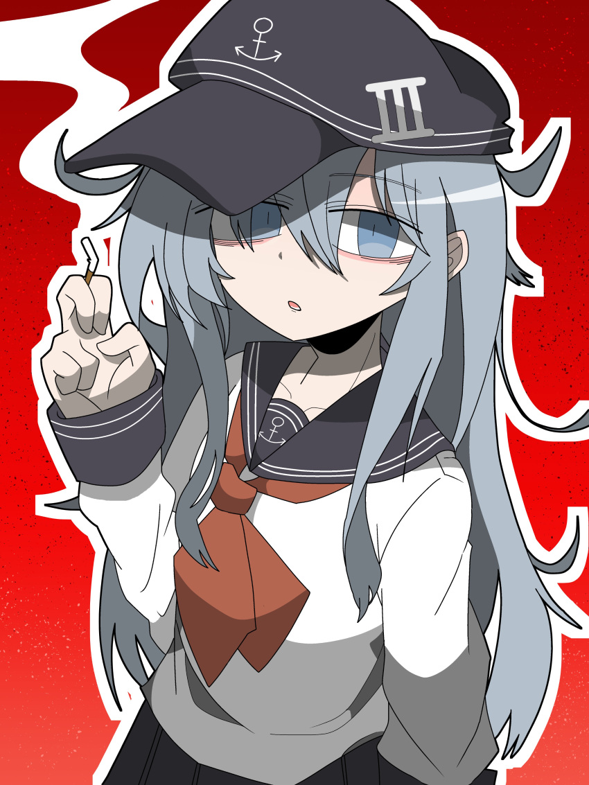 1girl, absurdres, bags_under_eyes, black_hat, black_sailor_collar, blue_eyes, cigarette, commentary, english_commentary, grey_hair, hand_up, hat, hibiki_(kancolle), highres, kantai_collection, long_hair, long_sleeves, looking_at_viewer, neckerchief, outline, parted_lips, red_background, red_neckerchief, sailor_collar, school_uniform, shirt, simple_background, skirt, solo, white_outline, white_shirt, yukizasa_49