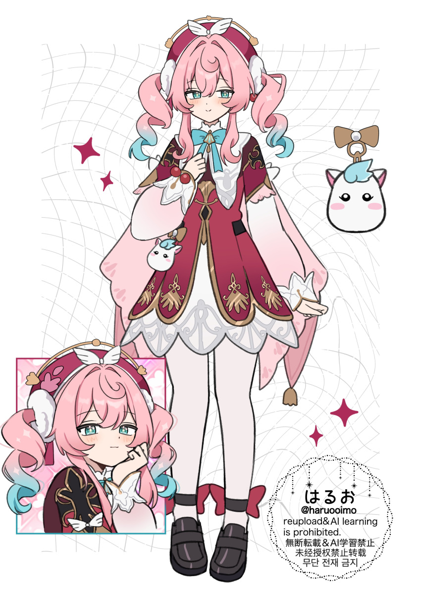 1girl, absurdres, black_shoes, blue_bow, blue_bowtie, blue_hair, blush, border