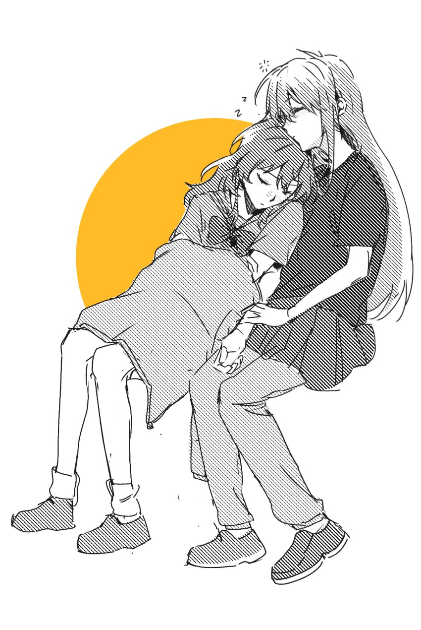2girls, bocchi_the_rock!, bow, bowtie, closed_eyes, closed_mouth, cuddling, gotoh_hitori