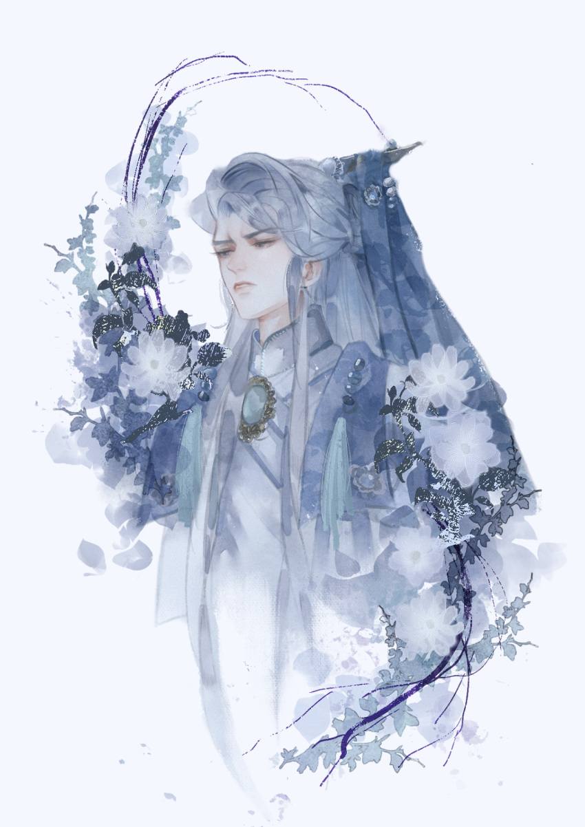 1boy, asymmetrical_bangs, chinese_clothes, closed_mouth, cropped_torso, curtained_hair, flower, gwen414