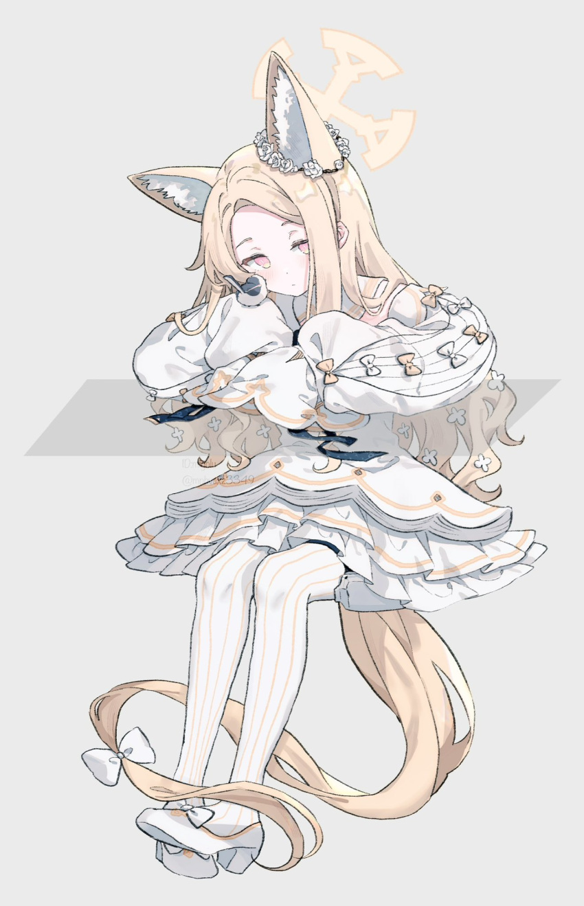 1girl, absurdly_long_hair, animal_ear_fluff, animal_ears, arm_rest, bird, blonde_hair, blue_archive