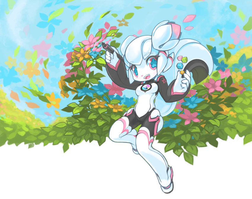 1girl, 2014, :d, absurdres, animal_ears, black_sleeves, blue_sky, chinese_clothes