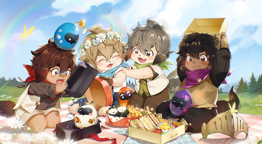 4boys, animal_ears, artist_request, black_hair, blonde_hair, blush, brown_hair, closed_eyes