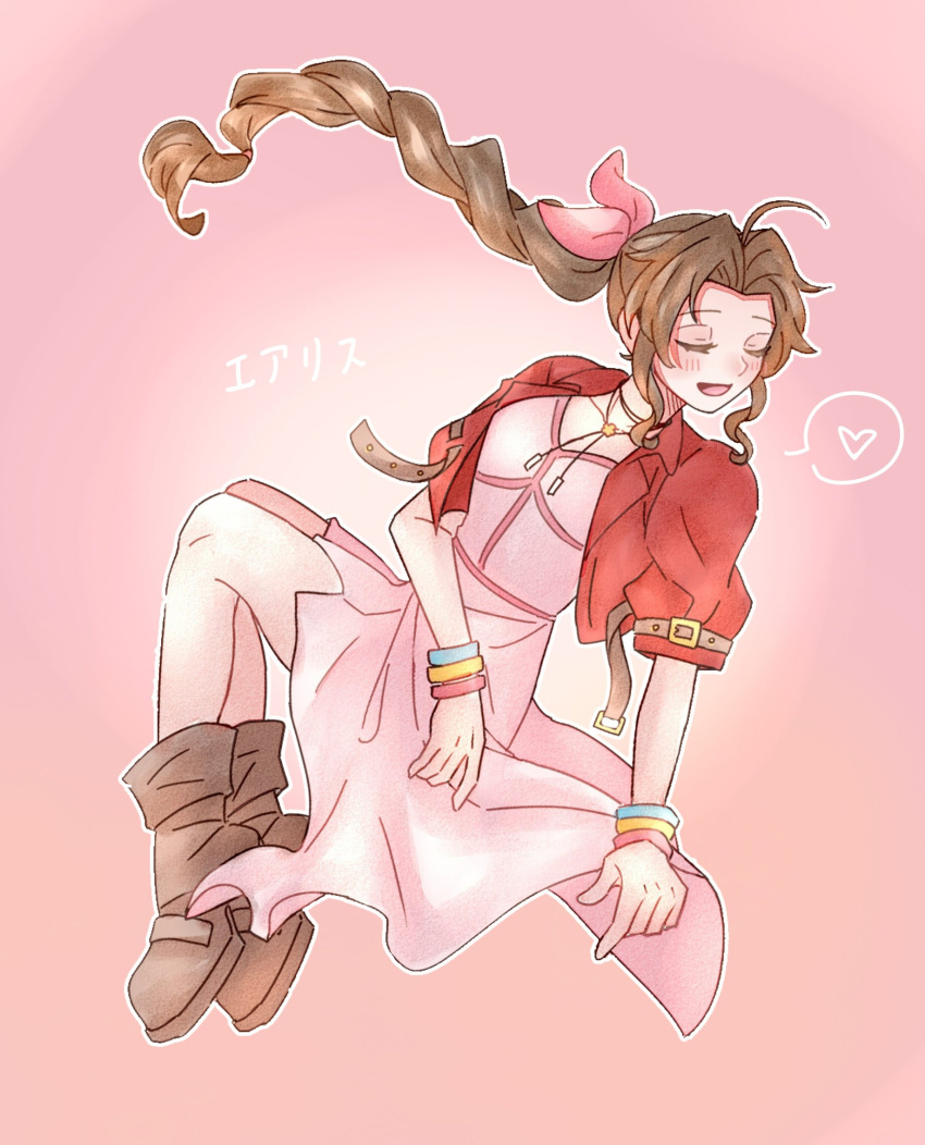 1girl, 7_(milu577610), aerith_gainsborough, bangle, bare_legs, blush, boots, bracelet
