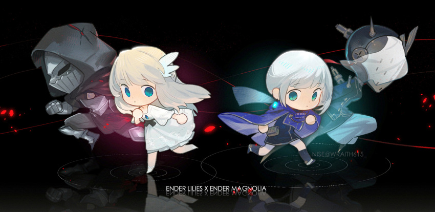 1boy, 3girls, armor, black_background, black_ribbon, blue_cape, blue_eyes, cape