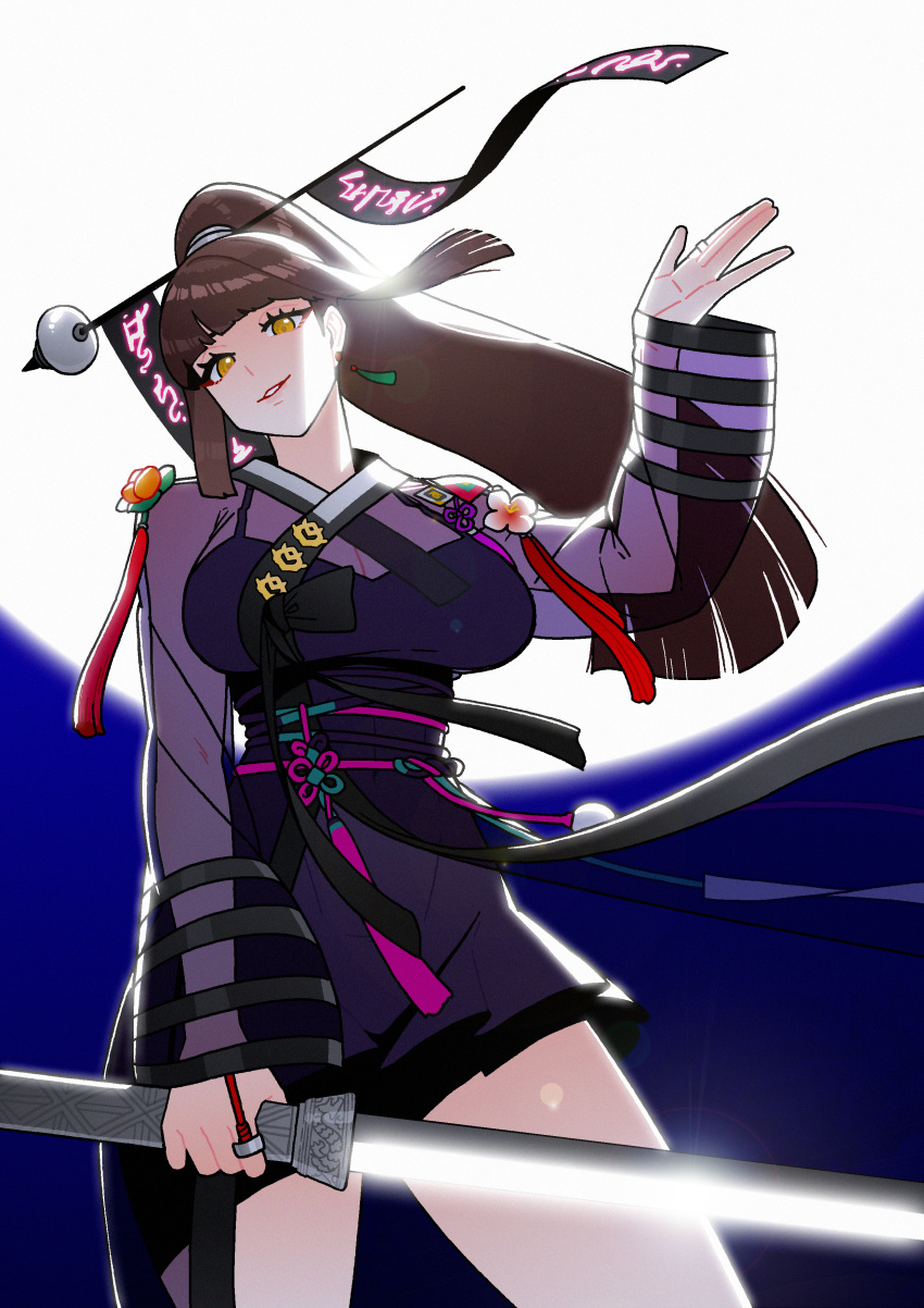 1girl, absurdres, breasts, brown_hair, commission, dc_(makezzal), earrings, grin, hair_ornament, highres, holding, holding_sword, holding_weapon, jewelry, large_breasts, long_hair, looking_at_viewer, original, ponytail, sash, smile, solo, sword, weapon, yellow_eyes