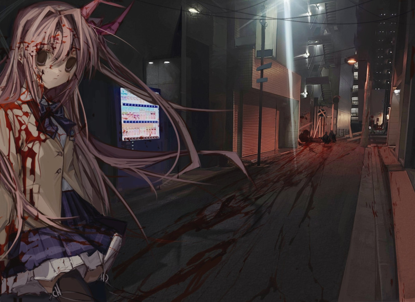 1girl, black_thighhighs, blazer, blood, blood_on_clothes, blood_on_face, blood_trail, bow