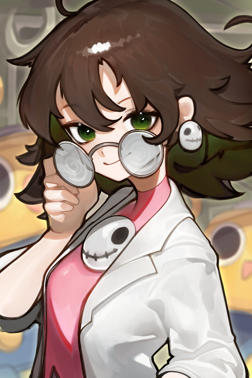 1girl, absurdres, blurry, blurry_background, brown_hair, coat, dress, earrings