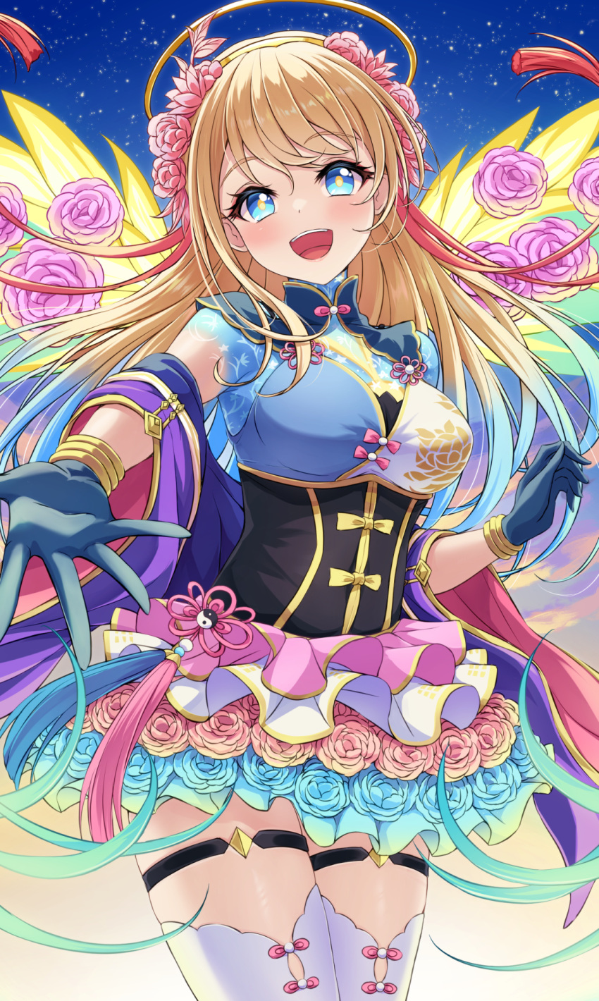 1girl, :d, akirappy, blonde_hair, blue_eyes, blue_gloves, blue_hair, blue_skirt