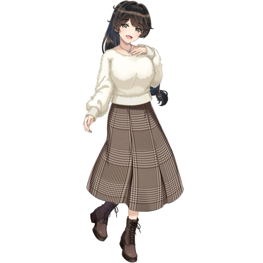 1girl, :d, boots, breasts, brown_hair, dolphin_wave, game_cg, highres