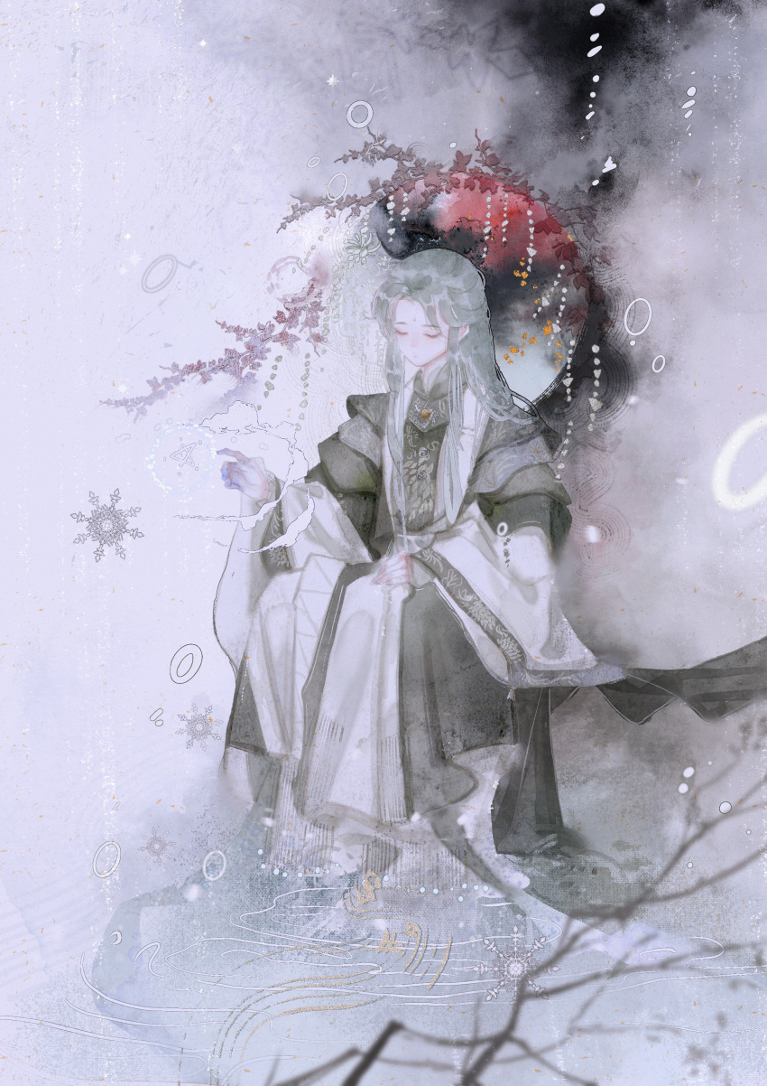 1boy, absurdres, casting_spell, chinese_clothes, closed_eyes, closed_mouth, curtained_hair, full_body