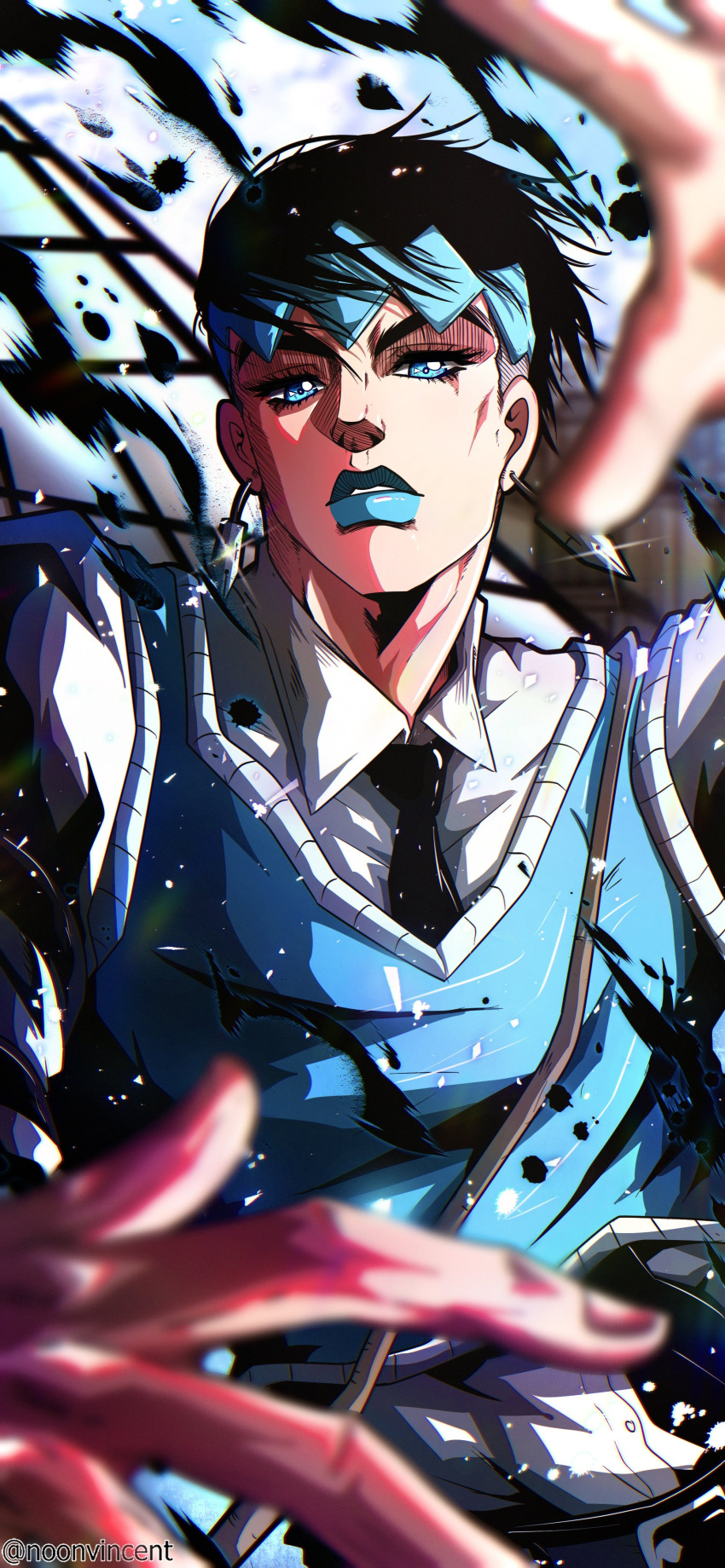 1boy, absurdres, araki_hirohiko_(style), black_hair, black_necktie, blue_eyes, blue_headband, blue_lips, blue_sweater_vest, collared_shirt, diamond_wa_kudakenai, earrings, headband, highres, ink, jewelry, jojo_no_kimyou_na_bouken, kishibe_rohan, kishibe_rohan_ruuvuru_e_iku, necktie, noonvincent, shirt, sweater_vest, white_shirt, white_sleeves