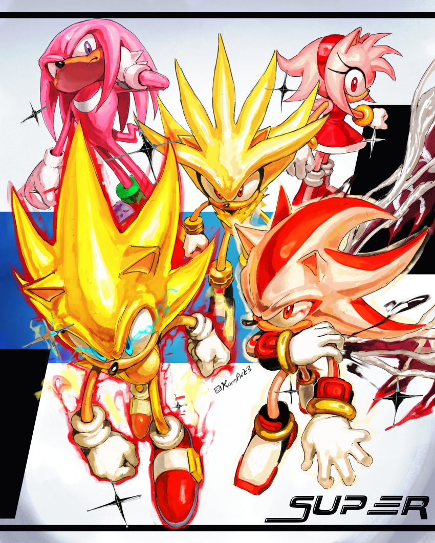 1girl, 4boys, absurdres, amy_rose, arm_up, blue_eyes, derivative_work, dragon_ball