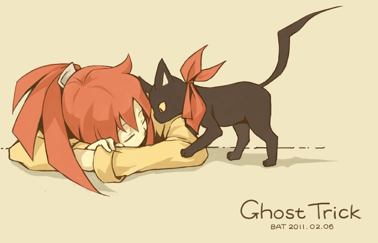 ascot, capcom, cat, cat_(ghost_trick), closed_eyes, coumori, dated, english, eyes_closed, ghost_trick, head_down, lynne, ponytail, red_hair, redhead, simple_background, sissel, sleeping, slit_pupils, spoilers, text, trench_coat, trenchcoat