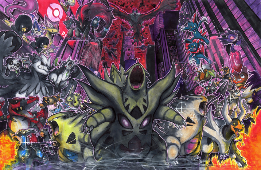 absol, alternate_color, breath_weapon, breathing_fire, building, city, commentary, darkrai