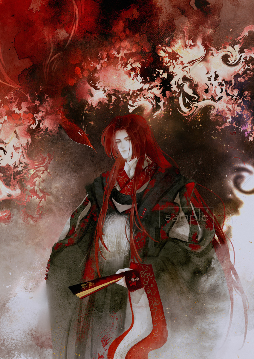 1boy, absurdres, akabane_shinnosuke, bird, black_hanfu, black_sleeves, chinese_clothes, closed_mouth, cowboy_shot, curtained_hair, fire, folded_fan, folding_fan, gwen414, hair_over_shoulder, hand_fan, hanfu, highres, holding, holding_fan, jinguang_budaixi, long_hair, long_sidelocks, long_sleeves, looking_ahead, male_focus, mandarin_collar, parted_bangs, phoenix, red_hair, sample_watermark, sidelocks, solo, three_quarter_view, watermark, wide_sleeves