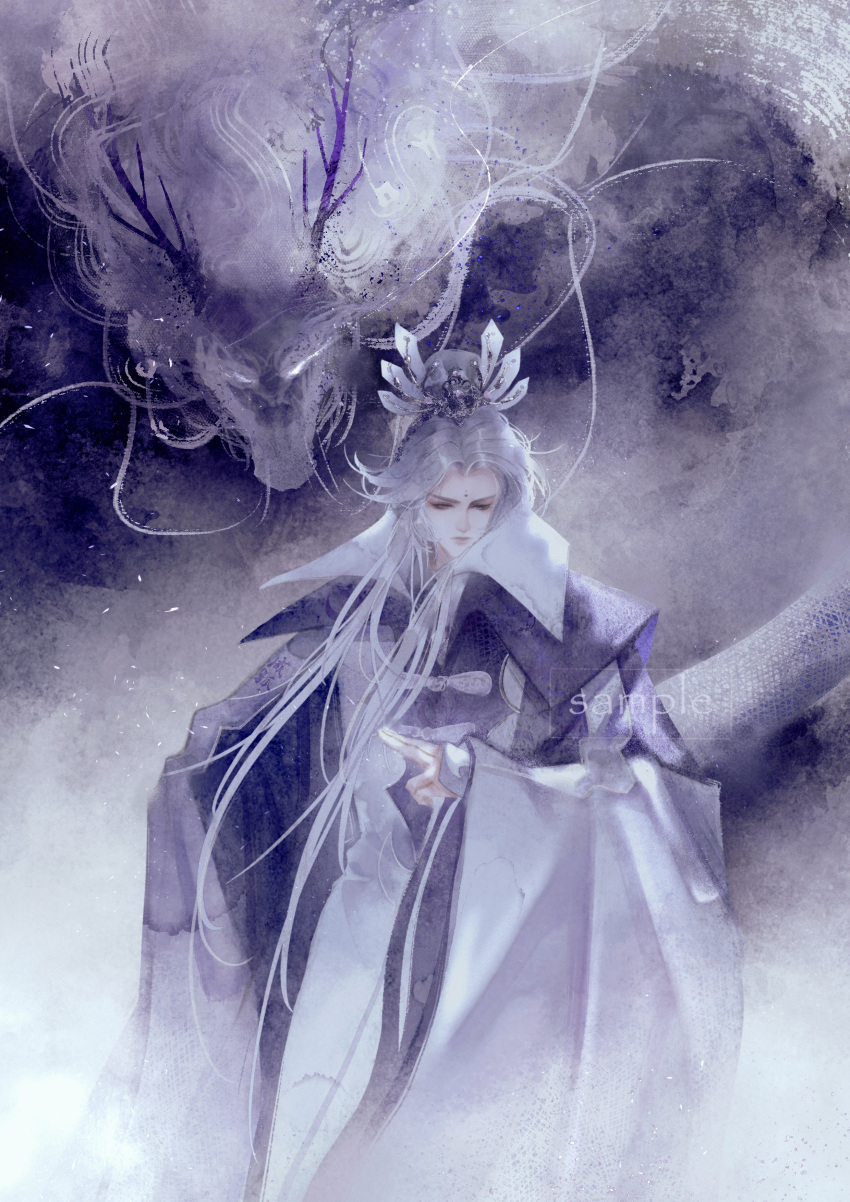 1boy, absurdres, chinese_clothes, closed_mouth, cowboy_shot, curtained_hair, dragon, eastern_dragon