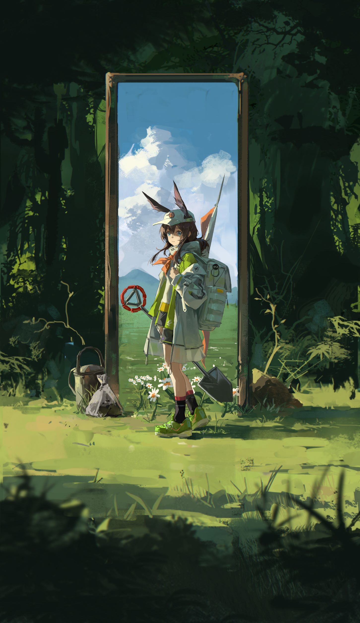 1girl, absurdres, amiya_(arknights), amiya_(seedsower)_(arknights), animal_ears, arknights, backpack, bag, baseball_cap, black_socks, blue_eyes, brown_hair, clouds, commentary, daisy, doorway, ears_through_headwear, flag, flower, grass, green_jacket, green_shoes, hat, highres, holding, holding_shovel, jacket, layered_clothes, light_smile, long_hair, looking_at_viewer, meinoss, mountainous_horizon, official_alternate_costume, shirt, shoes, shovel, socks, solo, trash_bag, watering_can, white_flower, white_hat, white_jacket, white_shirt