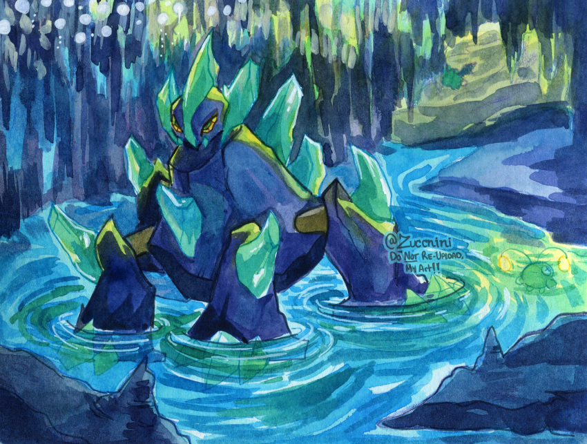 alternate_color, cave_interior, chinchou, english_text, gigalith, highres, no_humans, painting_(medium)