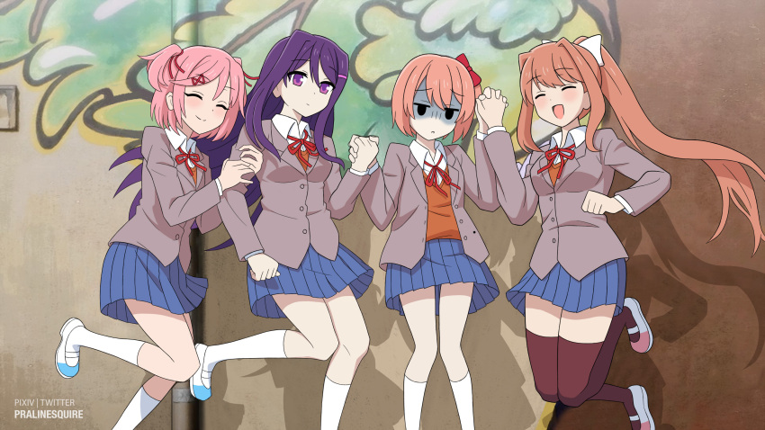 blazer, bocchi_the_rock!, bow, brown_jacket, brown_sweater_vest, doki_doki_literature_club, grey_jacket, hair_bow, highres, jacket, monika_(doki_doki_literature_club), natsuki_(doki_doki_literature_club), orange_sweater_vest, orange_vest, parody, pink_hair, ponytail, pralinesquire, red_ribbon, ribbon, sayori_(doki_doki_literature_club), scene_reference, school_uniform, sweater_vest, vest, white_bow, white_ribbon, yuri_(doki_doki_literature_club)
