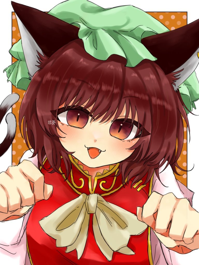 1girl, :d, amacha_0000, animal_ear_piercing, blush, border, brown_eyes, brown_hair