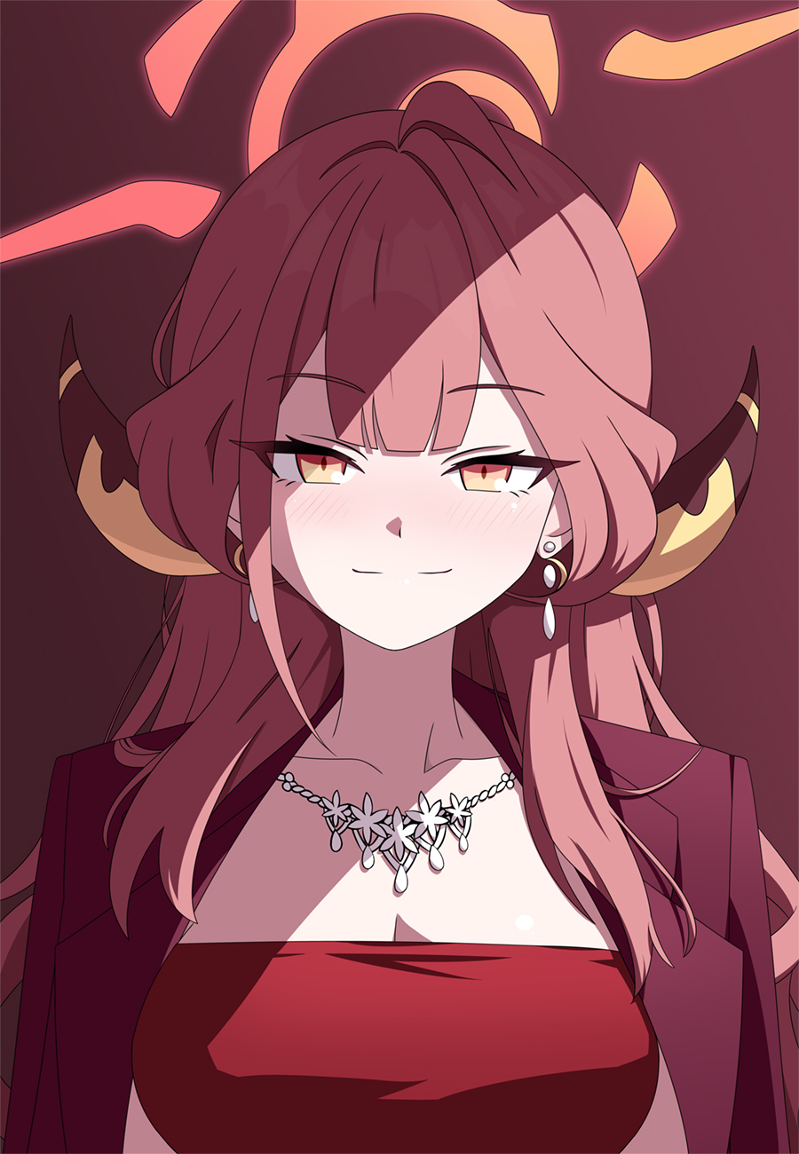 1girl, aru_(blue_archive), aru_(dress)_(blue_archive), blue_archive, blush, closed_mouth, commentary, demon_girl