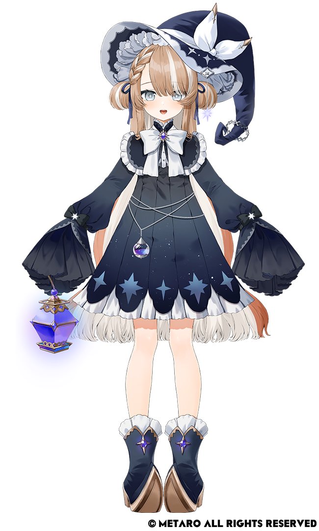 1girl, :d, black_dress, black_hat, black_shoes, blush, braid, brown_hair, copyright_notice, double_bun, dress, full_body, glowing, gotoh510, grey_eyes, hair_bun, hat, holding, holding_lantern, lantern, long_sleeves, looking_back, meeta_osita, multicolored_hair, official_art, open_mouth, second-party_source, shoes, simple_background, sleeves_past_fingers, sleeves_past_wrists, smile, solo, standing, streaked_hair, v&amp;u_entertainment, virtual_youtuber, white_background, white_hair, witch_hat