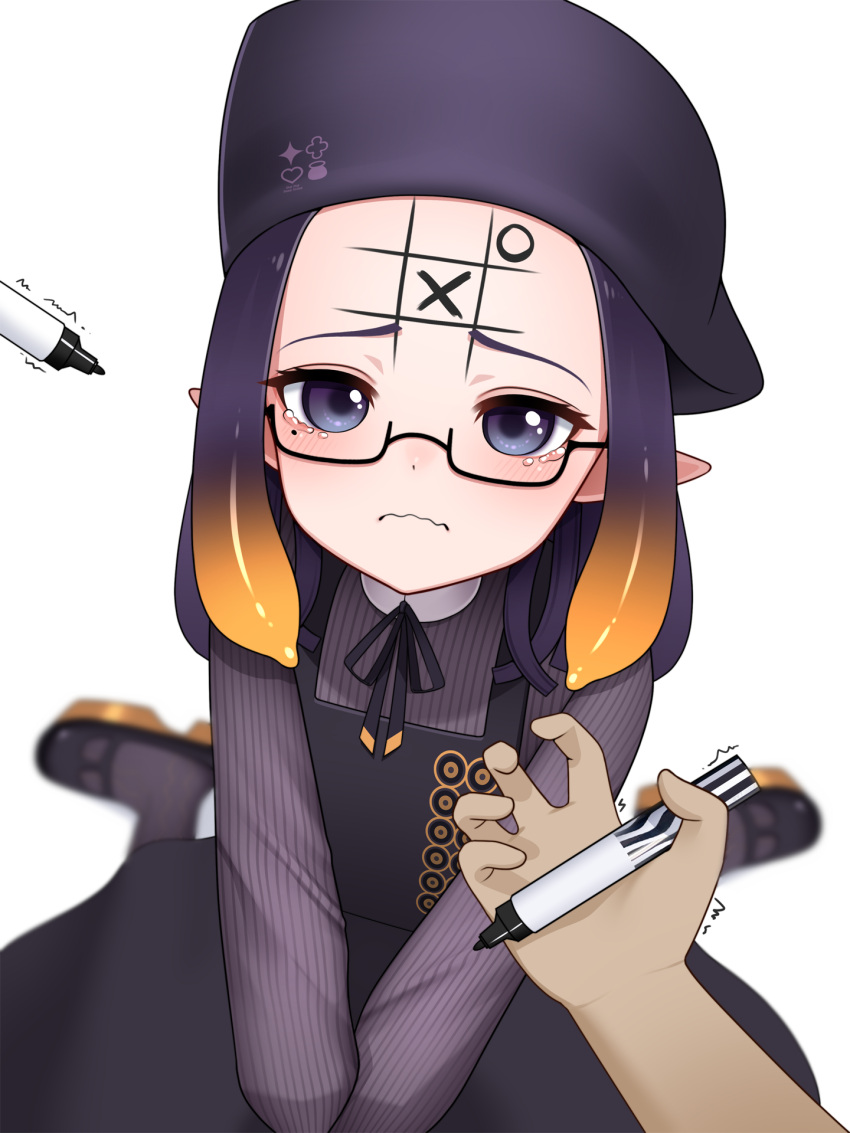 1girl, black_dress, blurry, blurry_background, closed_mouth, collared_shirt, commentary, dress, drey525, english_commentary, forehead, forehead_writing, glasses, gradient_hair, grey_hair, highres, holding, holding_marker, hololive, hololive_english, long_hair, long_sleeves, looking_at_viewer, marker, medium_dress, mole, mole_under_eye, multicolored_hair, neck_ribbon, ninomae_ina'nis, ninomae_ina'nis_(casual), official_alternate_costume, orange_hair, pinafore_dress, pinstripe_pattern, pinstripe_shirt, pointy_ears, pov, pov_hands, puffy_long_sleeves, puffy_sleeves, purple_hair, purple_shirt, ribbon, semi-rimless_eyewear, shirt, simple_background, sitting, sleeveless, sleeveless_dress, solo_focus, tearing_up, tentacle_hair, very_long_hair, virtual_youtuber, wariza, wavy_mouth, white_background
