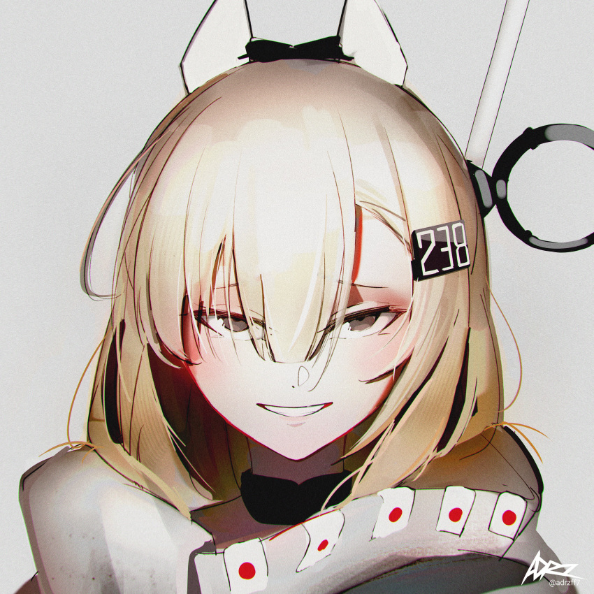 1girl, absurdres, adrzff7, blonde_hair, grey_background, grey_eyes, hair_between_eyes, headgear