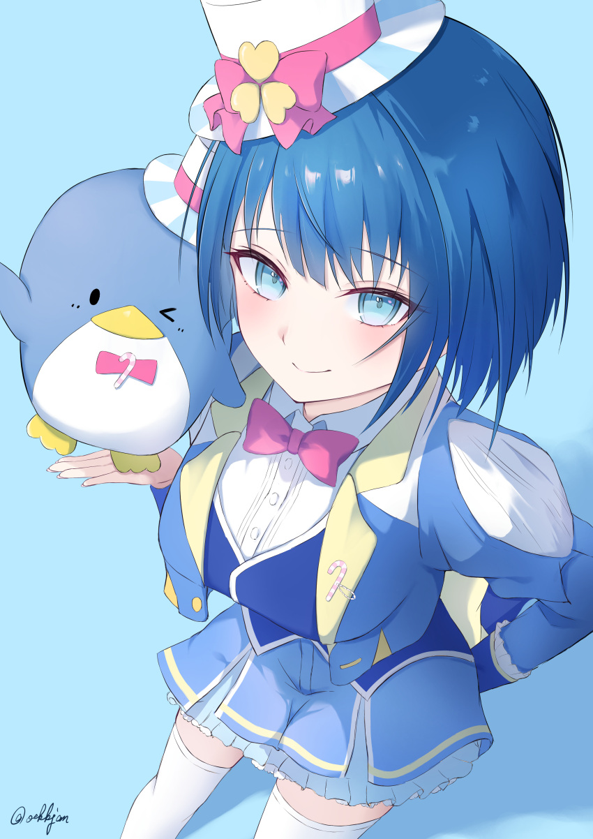 1girl, absurdres, arm_behind_back, blue_background, blue_eyes, blue_hair, blue_jacket, blue_skirt, blue_vest, blush, bow, bowtie, breasts, candy_cane_ornament, clover_hat_ornament, collared_shirt, commentary, cropped_jacket, feet_out_of_frame, frilled_skirt, frills, hat, highres, holding, holding_stuffed_toy, jacket, kiritani_haruka, long_sleeves, looking_at_viewer, medium_breasts, mini_hat, oekkjan, one_eye_closed, pink_bow, pink_bowtie, project_sekai, shadow, shirt, short_hair, sidelocks, skirt, smile, solo, stuffed_animal, stuffed_penguin, stuffed_toy, symbol-only_commentary, thigh-highs, twitter_username, vest, white_hat, white_shirt, white_thighhighs
