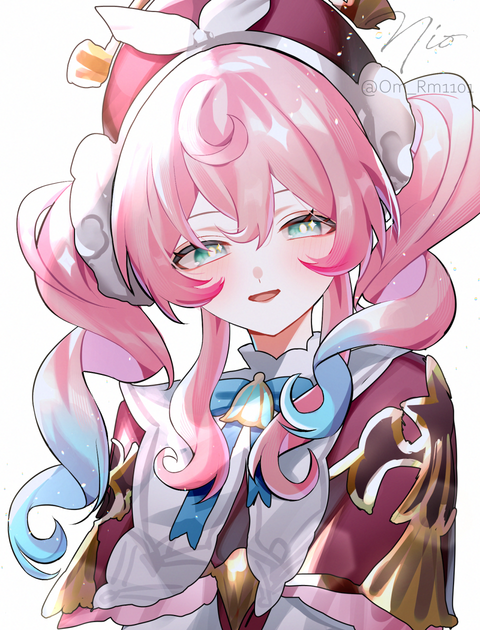 1girl, aqua_eyes, blue_hair, bright_pupils, collar, commentary, hair_between_eyes, hat, highres, honkai:_star_rail, honkai_(series), hyacine_(honkai:_star_rail), light_blush, long_hair, looking_at_viewer, multicolored_hair, om_rm1101, open_mouth, pink_hair, pink_hat, signature, simple_background, smile, solo, streaked_hair, twintails, upper_body, white_background, white_collar, white_pupils