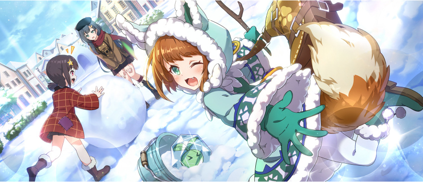 3girls, :3, animal_ear_hood, ankle_boots, bag, beret, black_boots, black_hair, black_hat, black_skirt, boots, brown_boots, brown_coat, brown_hair, bucket, building, buttons, cabbage, cabbage_(konosuba), child, coat, creature, day, double-breasted, fang, frozen, fur-trimmed_boots, fur-trimmed_coat, fur_trim, game_cg, gloves, green_boots, green_coat, green_eyes, green_gloves, hair_ornament, hairclip, hairpin, hands_on_own_knees, hat, highres, holding, holding_stick, hood, hood_up, hooded_coat, komekko, kono_subarashii_sekai_ni_shukufuku_wo!, konosuba!_fantastic_days, leaning_forward, lia_(konosuba), long_hair, looking_at_another, looking_at_viewer, medium_hair, miia_(konosuba), miniskirt, multiple_girls, official_alternate_costume, official_art, one_eye_closed, open_mouth, outdoors, outstretched_arm, pantyhose, patchwork_clothes, pom_pom_(clothes), reaching, reaching_towards_viewer, red_eyes, red_scarf, red_socks, scarf, short_hair, short_twintails, shoulder_bag, sidelocks, skirt, snow, snowball, socks, star_(symbol), star_hair_ornament, stick, sunlight, swept_bangs, tail, twintails, white_pantyhose, winter, winter_clothes, winter_coat