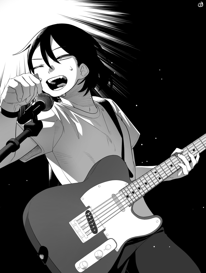 1girl, absurdres, commentary_request, cowboy_shot, electric_guitar, fender_telecaster, futsuu_no_keion-bu, greyscale, guitar, guitar_strap, hand_up, hatono_chihiro, high_contrast, highres, holding, holding_guitar, holding_instrument, instrument, microphone, microphone_stand, monochrome, music, one_eye_closed, short_hair, short_sleeves, singing, solo, standing, sweat, teeth, tsumitobat79121