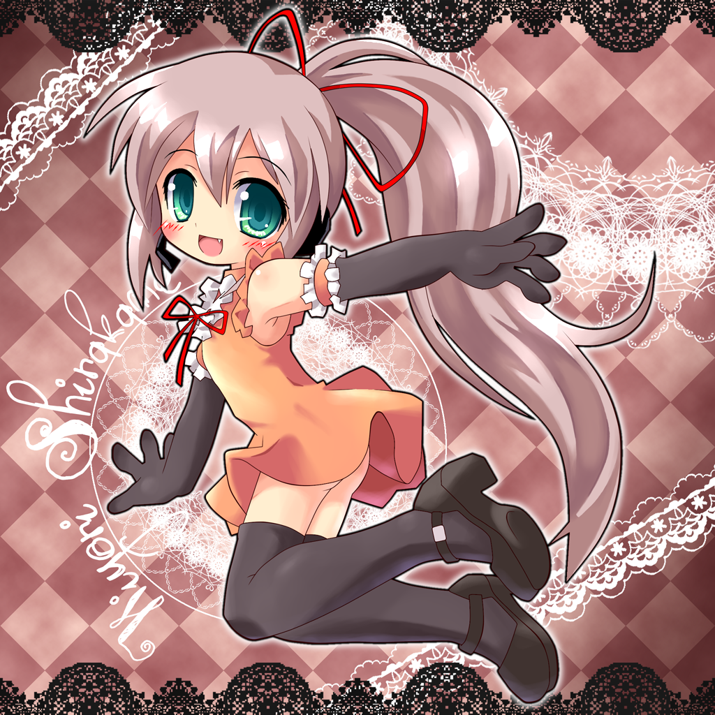 blush, bow, brown_hair, elbow_gloves, fang, gloves, hair_bow, hair_ribbon