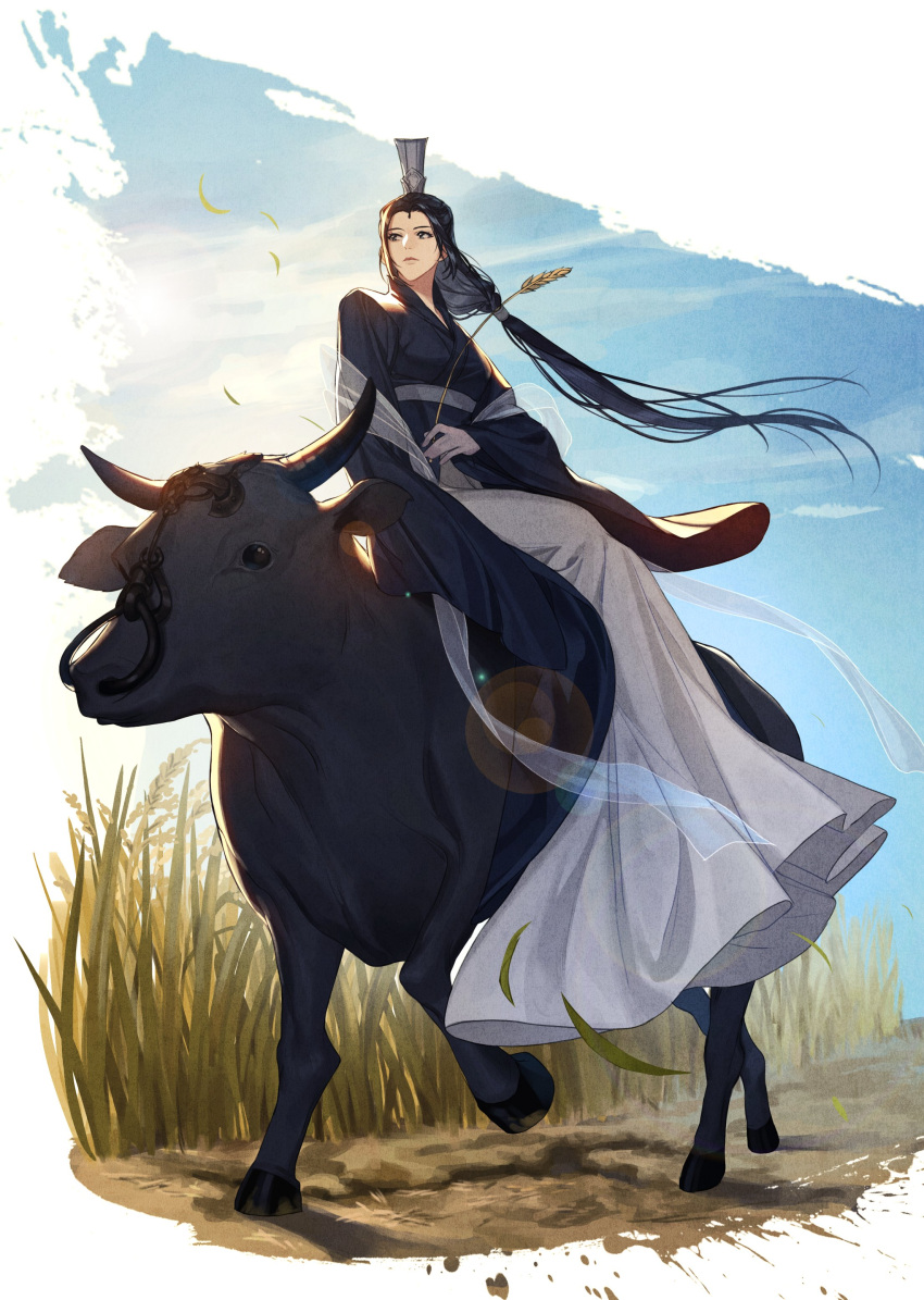 1girl, absurdres, black_hair, black_hanfu, blue_sky, bull, chinese_clothes, grey_eyes