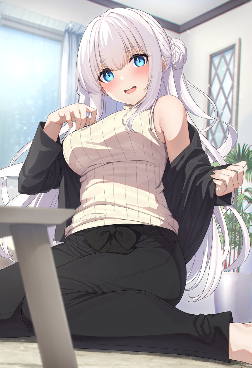 1girl, aijou_michiru, armpits, black_jacket, black_pants, blue_eyes, blurry, braid