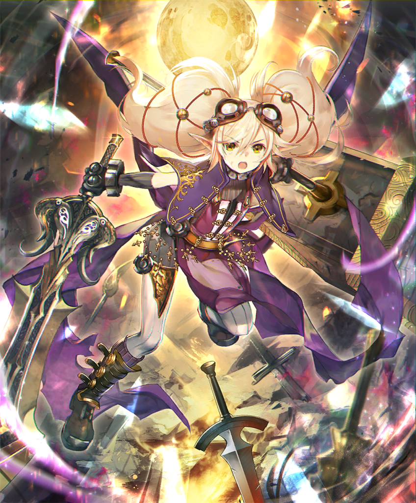 1girl, armpits, bare_shoulders, blonde_hair, brown_shoes, dress, elf, goggles