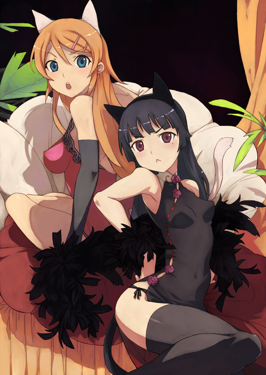 >:<, :<, :o, animal_ears, armpits, bare_shoulders, black_hair, black_legwear